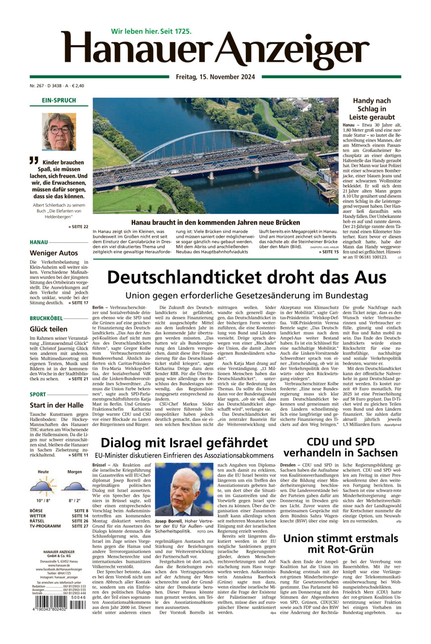 Hanauer Anzeiger vom Freitag, 15.11.2024