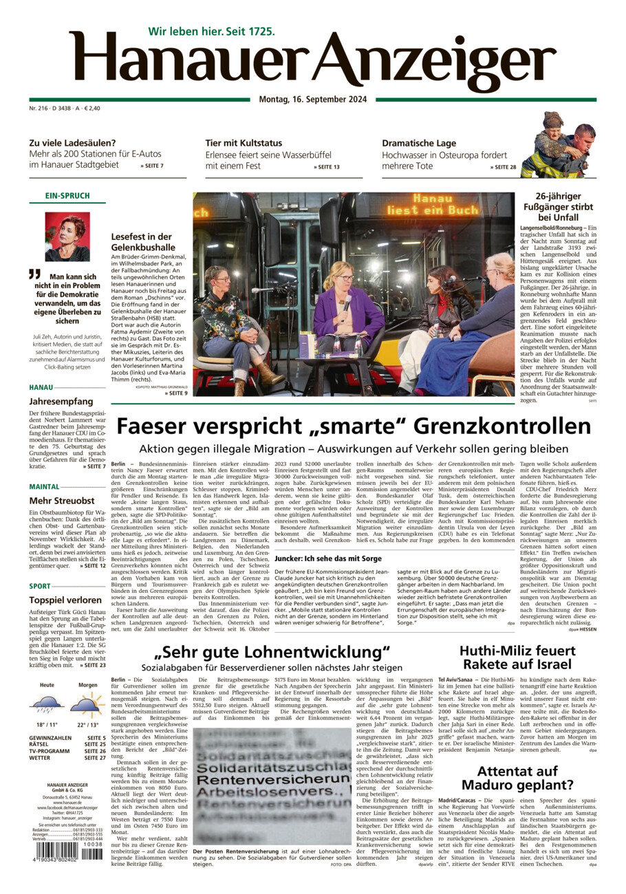 Hanauer Anzeiger vom Montag, 16.09.2024