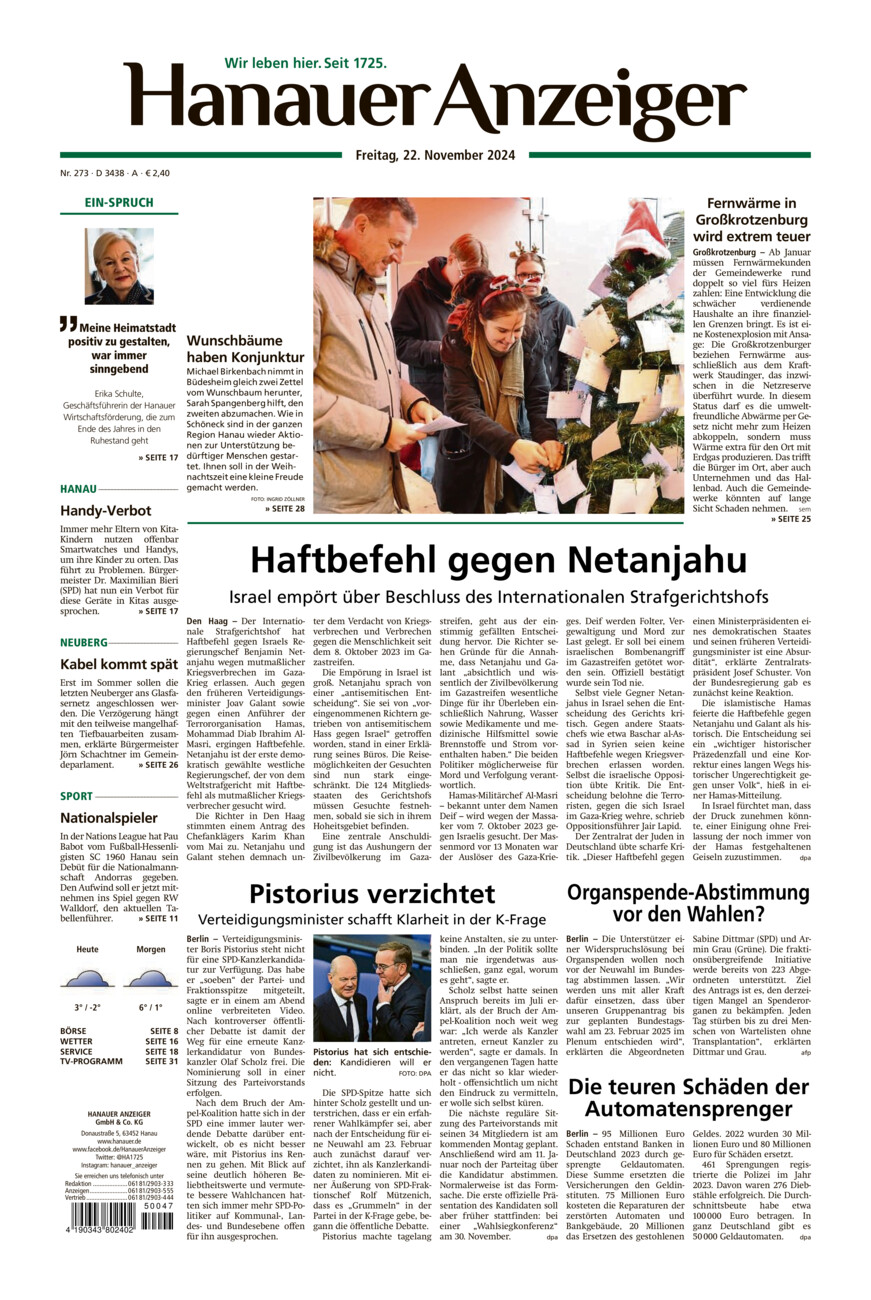 Hanauer Anzeiger vom Freitag, 22.11.2024