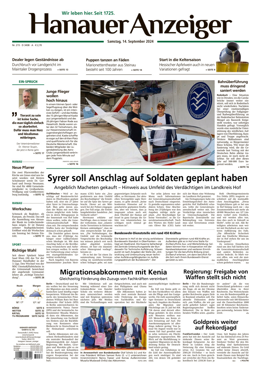 Hanauer Anzeiger vom Samstag, 14.09.2024