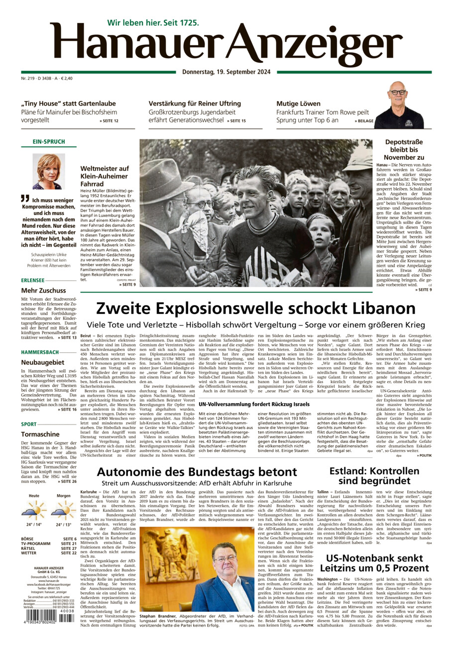 Hanauer Anzeiger vom Donnerstag, 19.09.2024