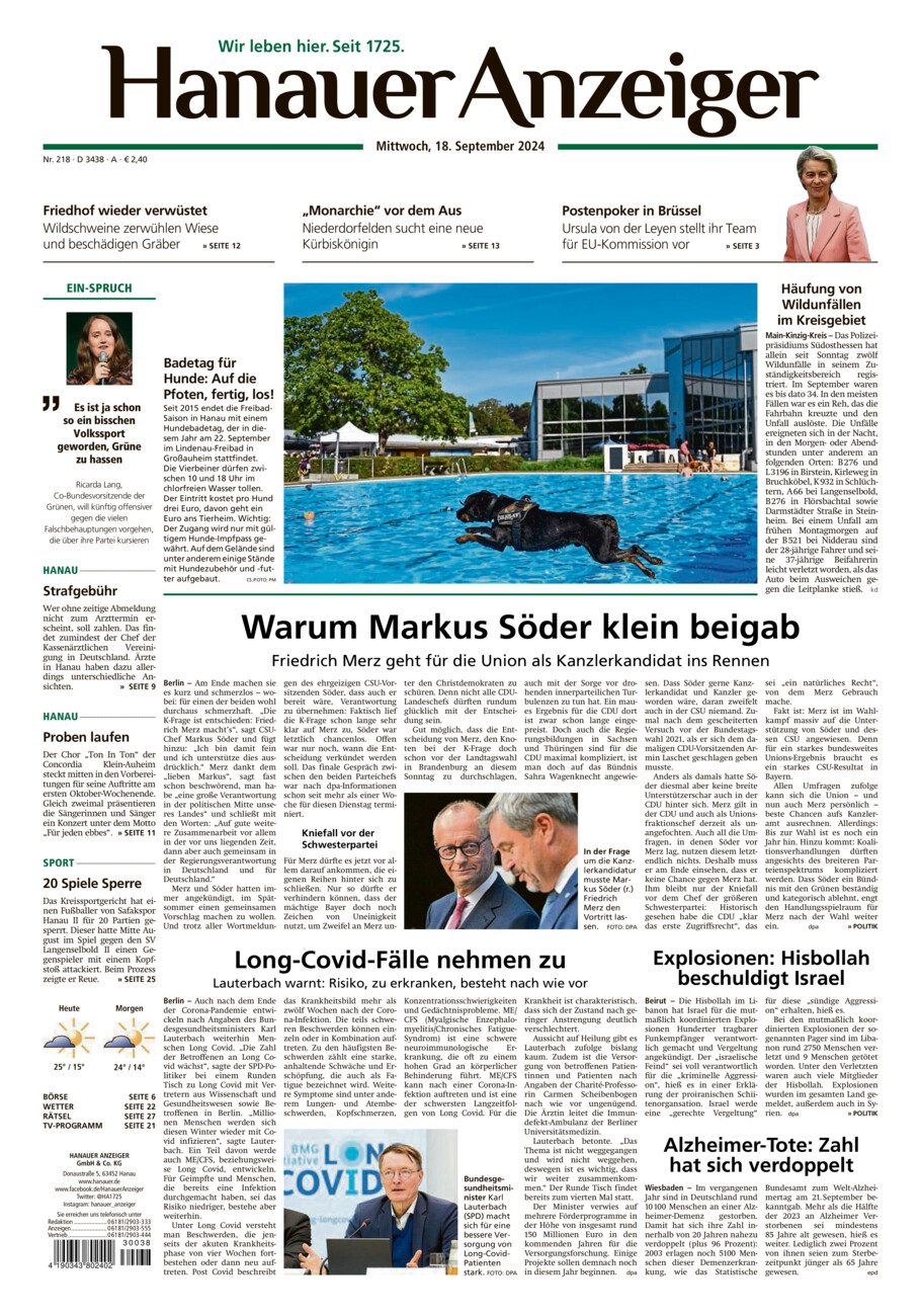 Hanauer Anzeiger vom Mittwoch, 18.09.2024